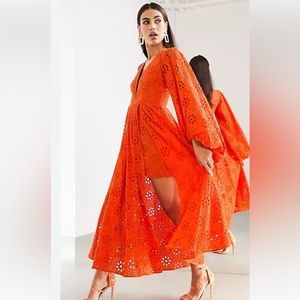 ASOS EDITION brodie midi dress with blouson sleeve in tomato red